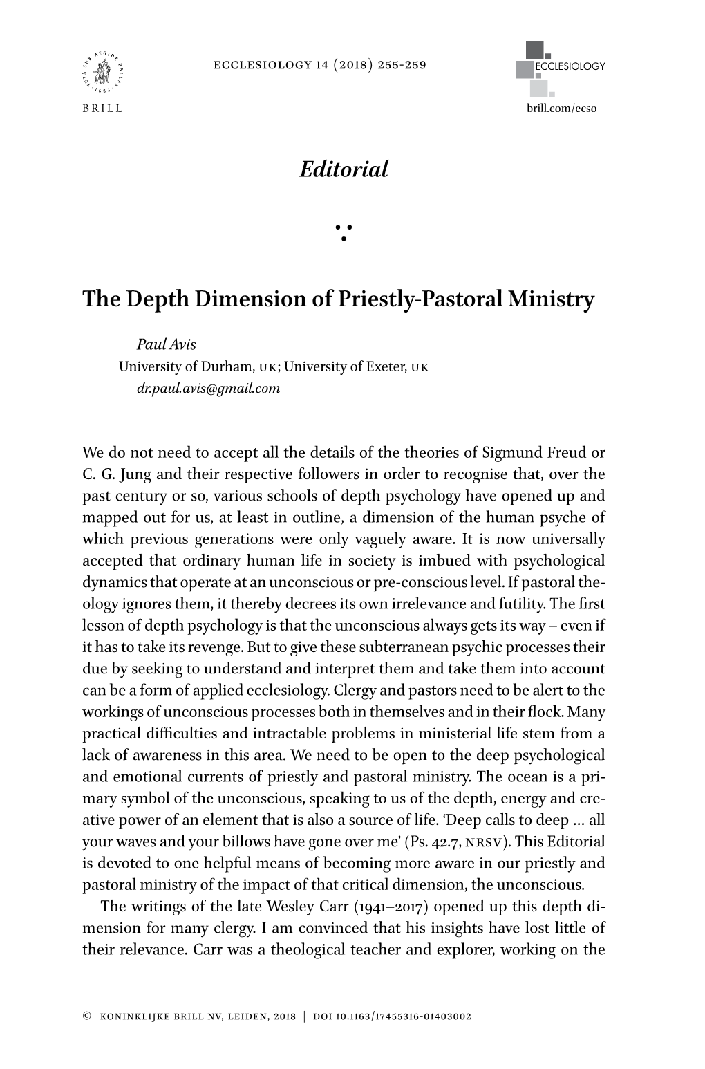 Editorial the Depth Dimension of Priestly-Pastoral Ministry