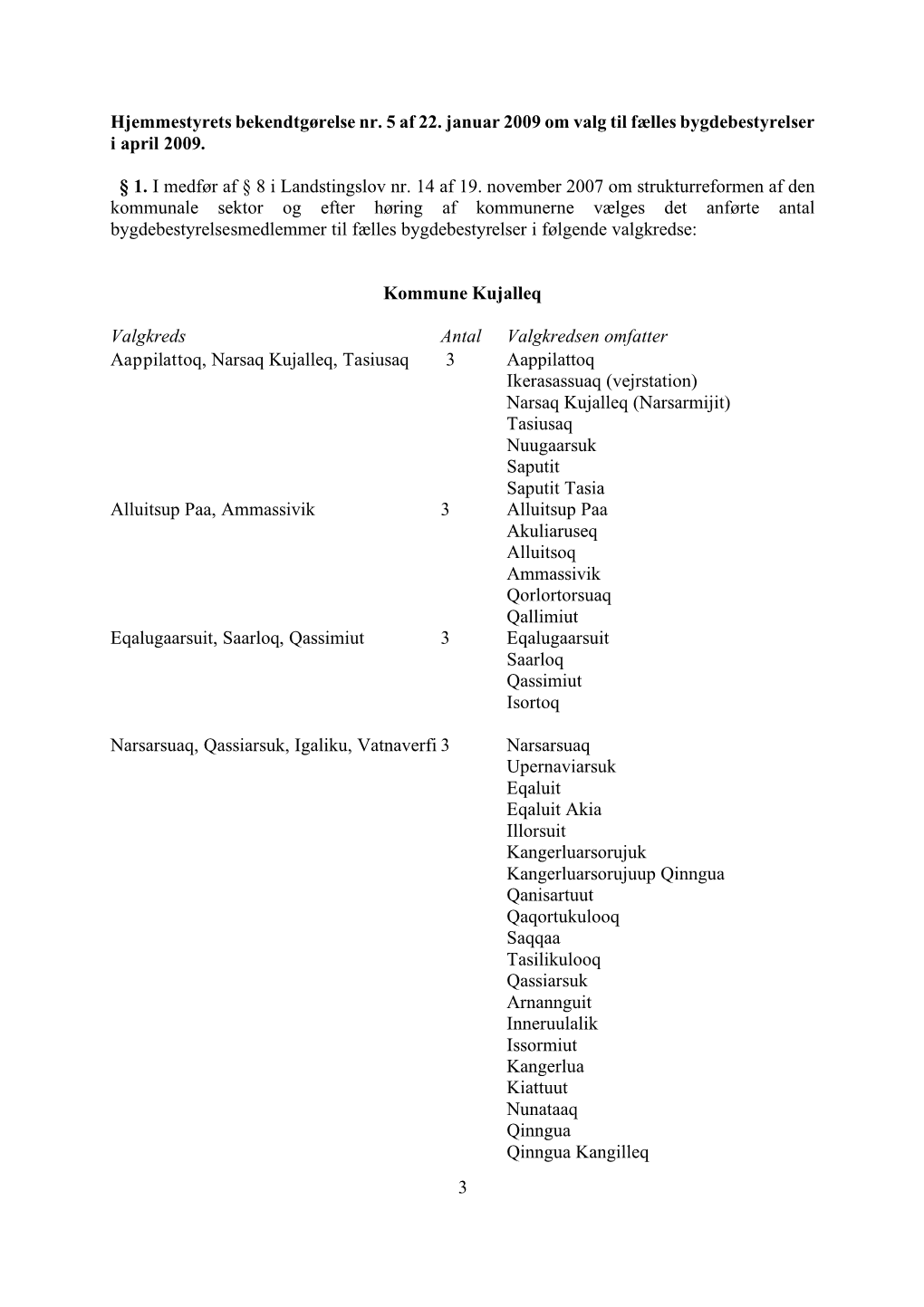 3 Hjemmestyrets Bekendtgørelse Nr. 5 Af 22. Januar 2009 Om Valg Til Fælles Bygdebestyrelser I April 2009. § 1. I Medfør Af