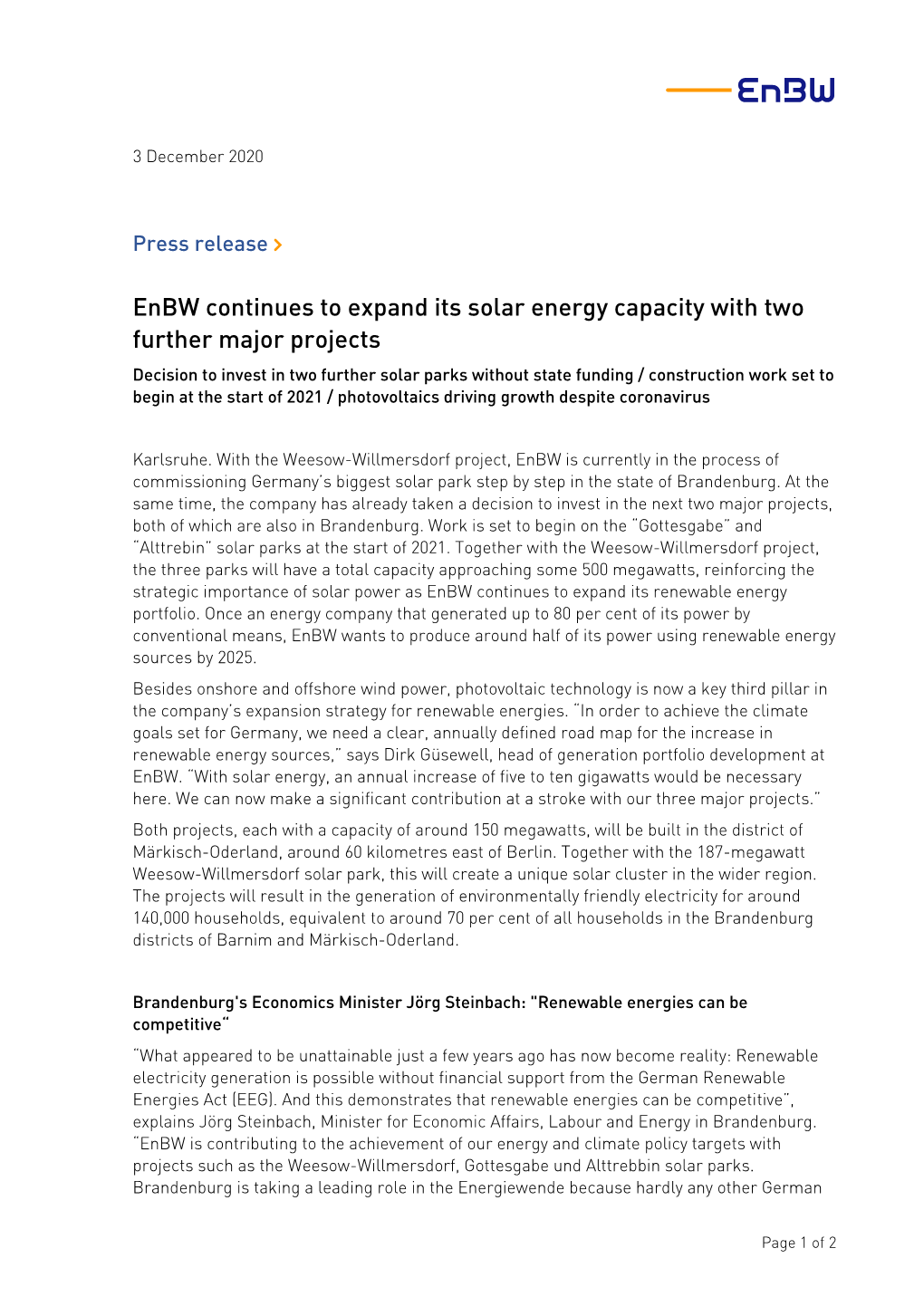 Enbw Continues to Expand Its Solar Energy Capacity with Two Further