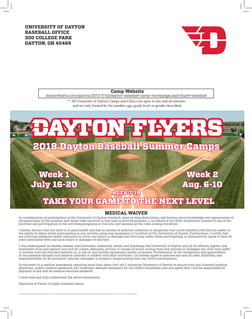 2018 Dayton Baseball Summer Camps