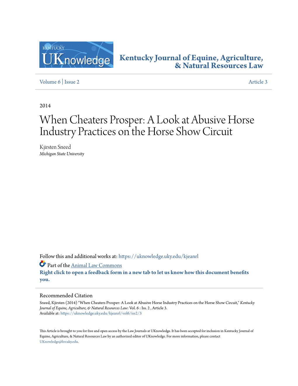 A Look at Abusive Horse Industry Practices on the Horse Show Circuit Kjirsten Sneed Michigan State University