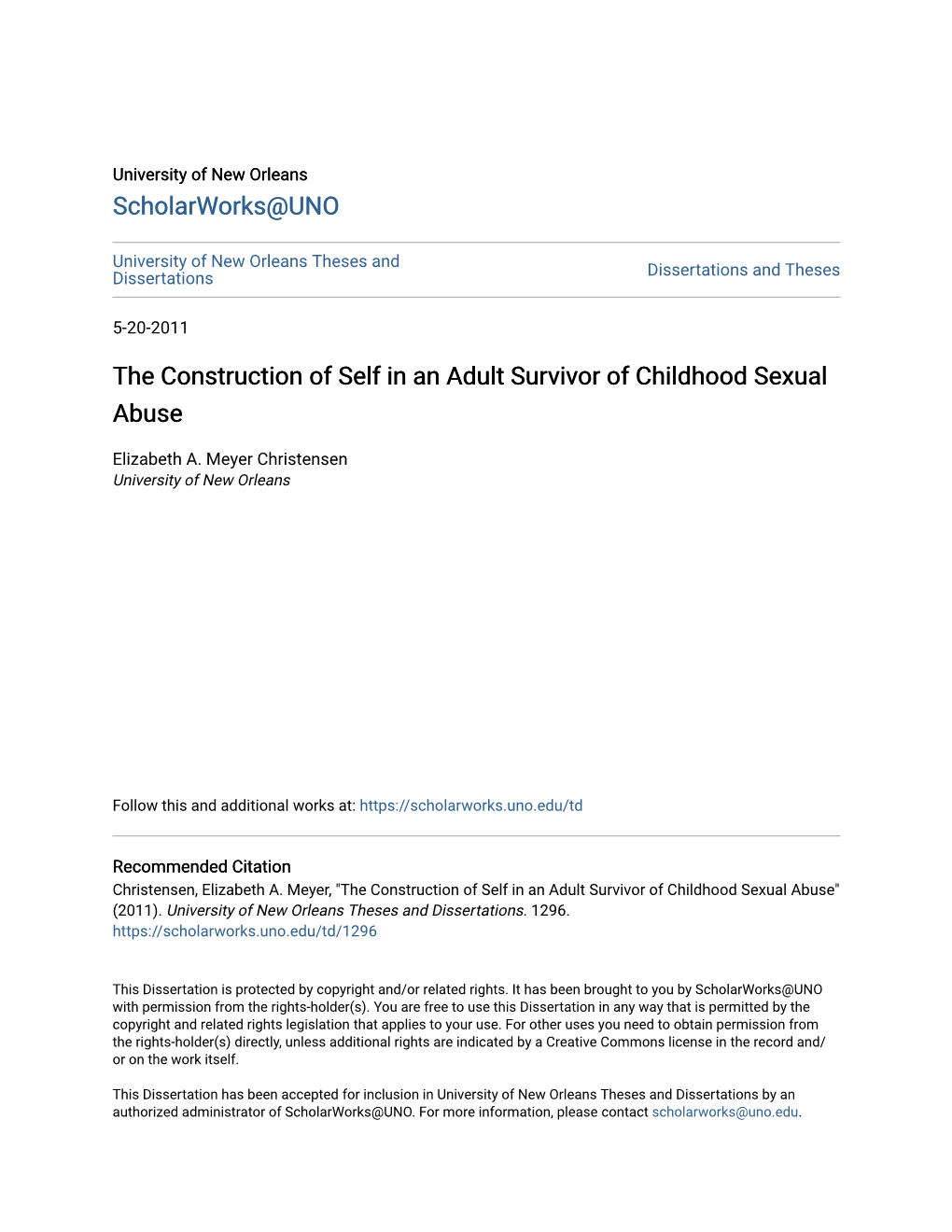 The Construction of Self in an Adult Survivor of Childhood Sexual Abuse