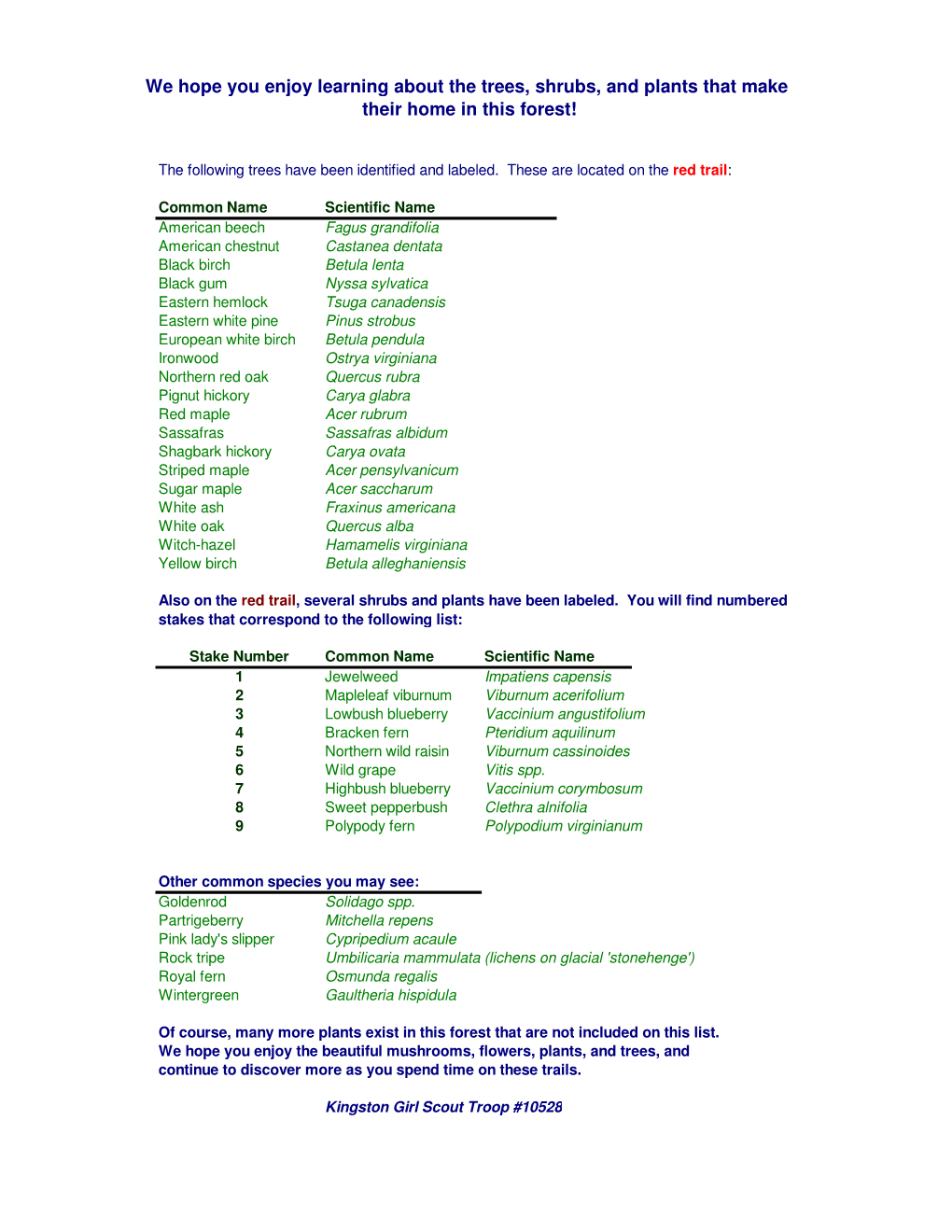 Listing of Plant Species in Valley Lane Town Forest