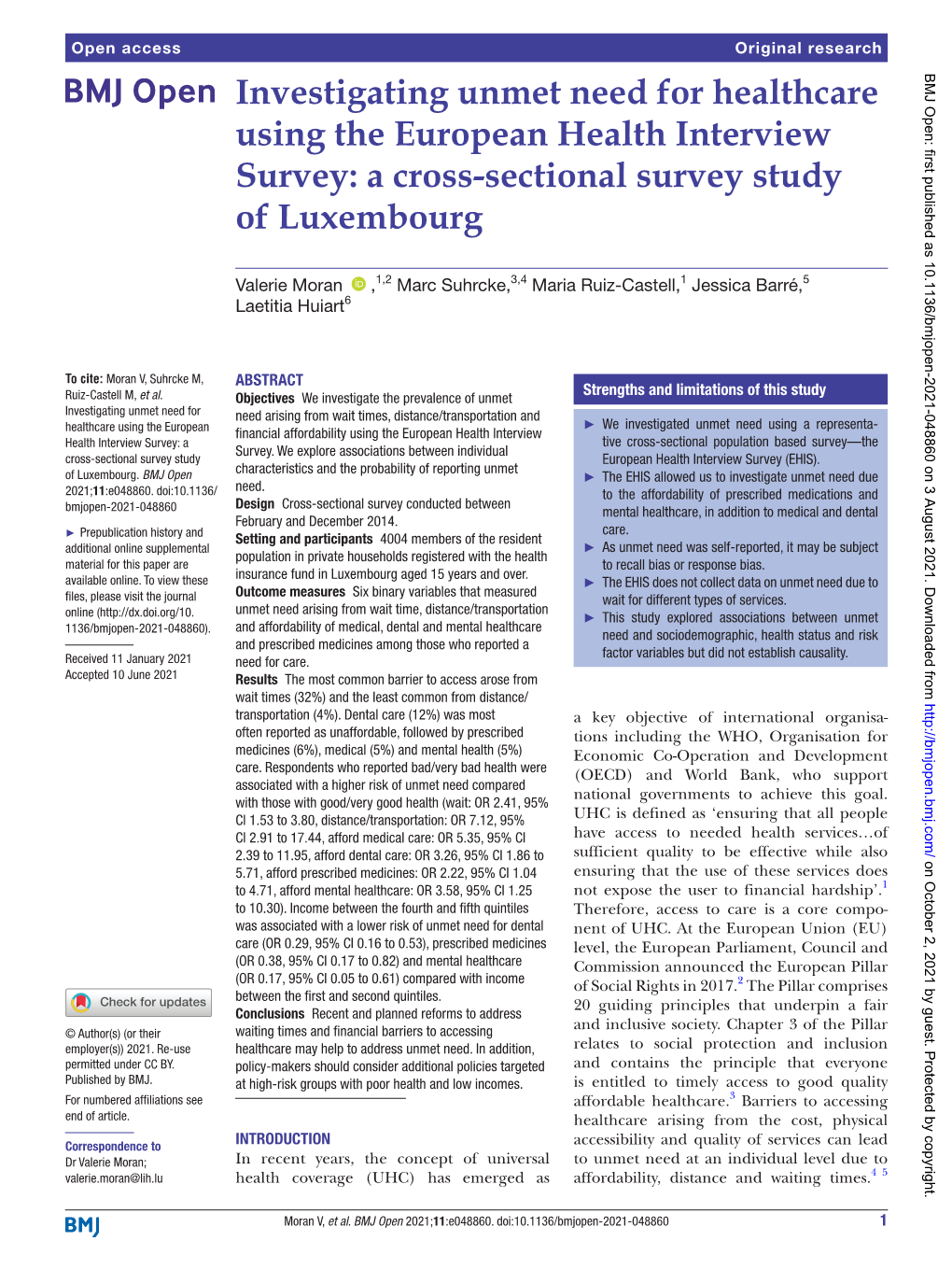 Investigating Unmet Need for Healthcare Using the European Health Interview Survey: a Cross-­Sectional Survey Study of Luxembourg