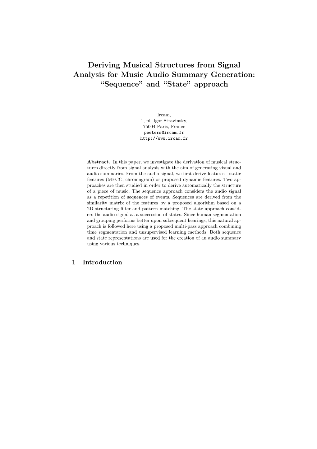 Deriving Musical Structures from Signal Analysis for Music Audio Summary Generation: “Sequence” and “State” Approach