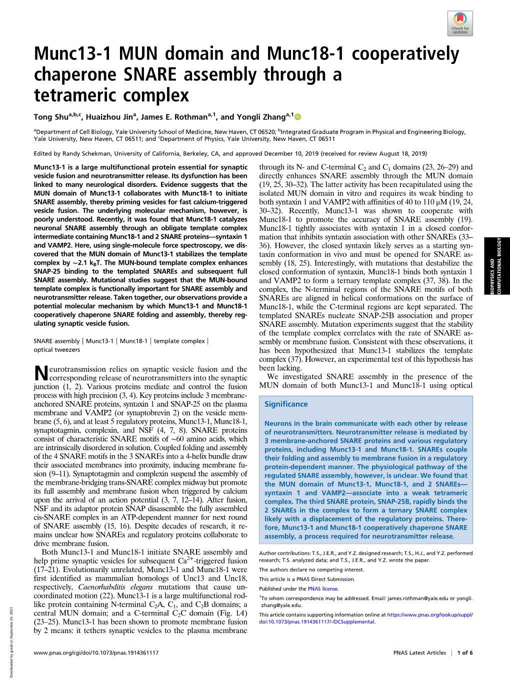 Munc13-1 MUN Domain and Munc18-1 Cooperatively Chaperone SNARE Assembly Through a Tetrameric Complex