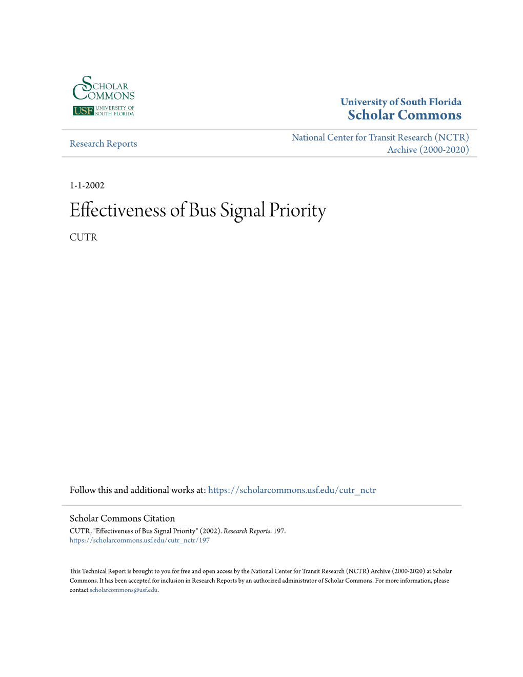 Effectiveness of Bus Signal Priority CUTR