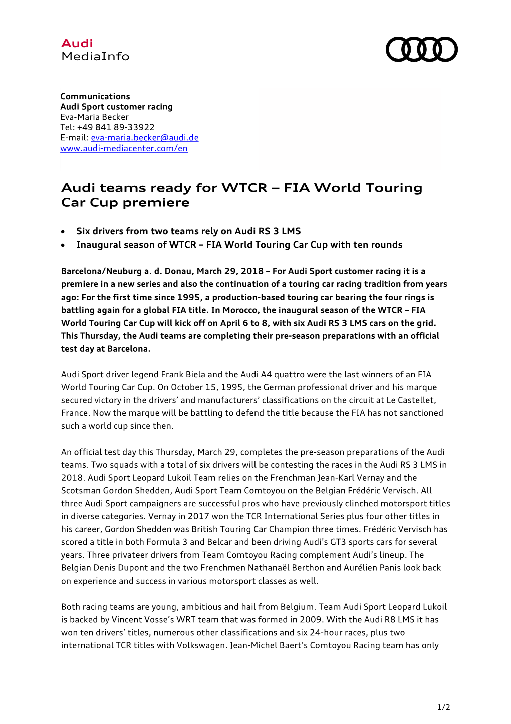 Audi Teams Ready for WTCR – FIA World Touring Car Cup Premiere