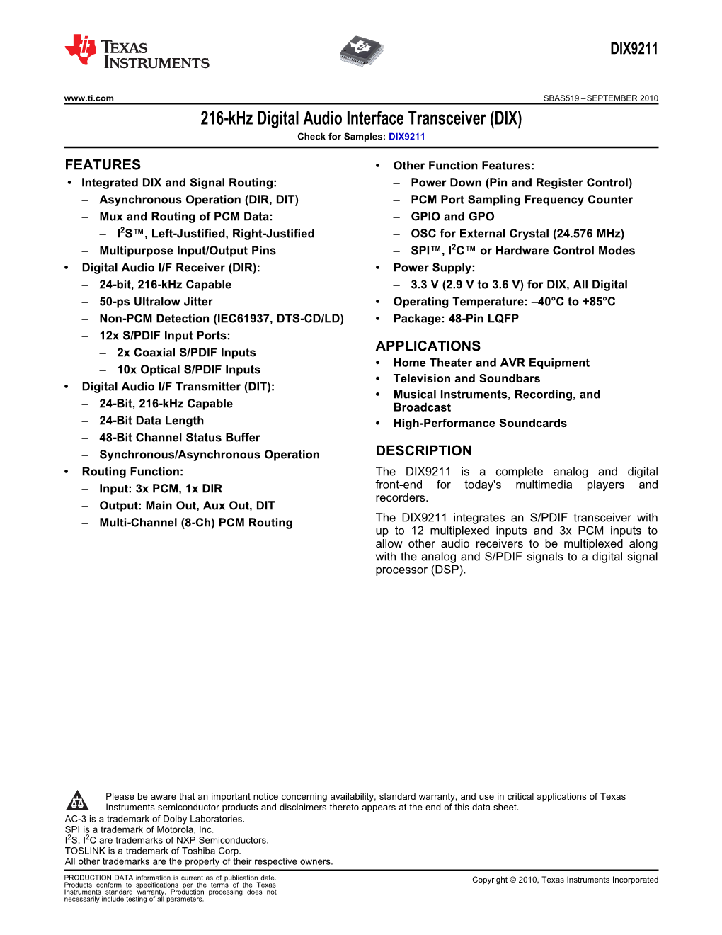 216-Khz Digital Audio Interface Transceiver Datasheet