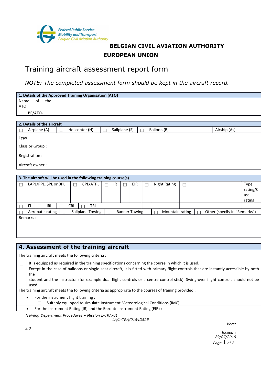 Training Aircraft Assessment Report Form