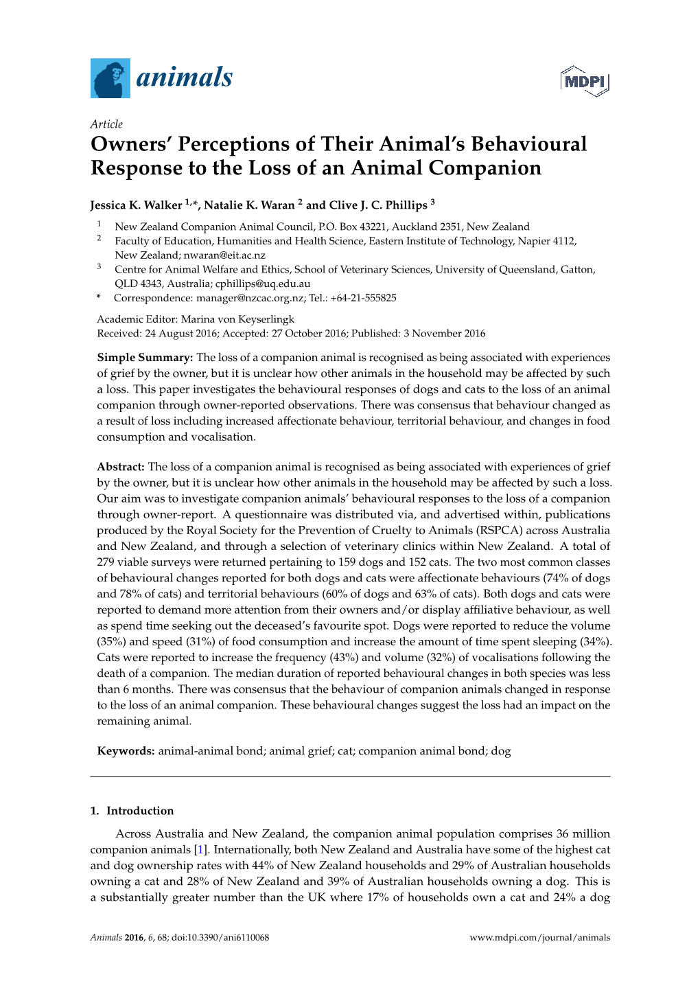 Owners' Perceptions of Their Animal's Behavioural Response to the Loss of an Animal Companion