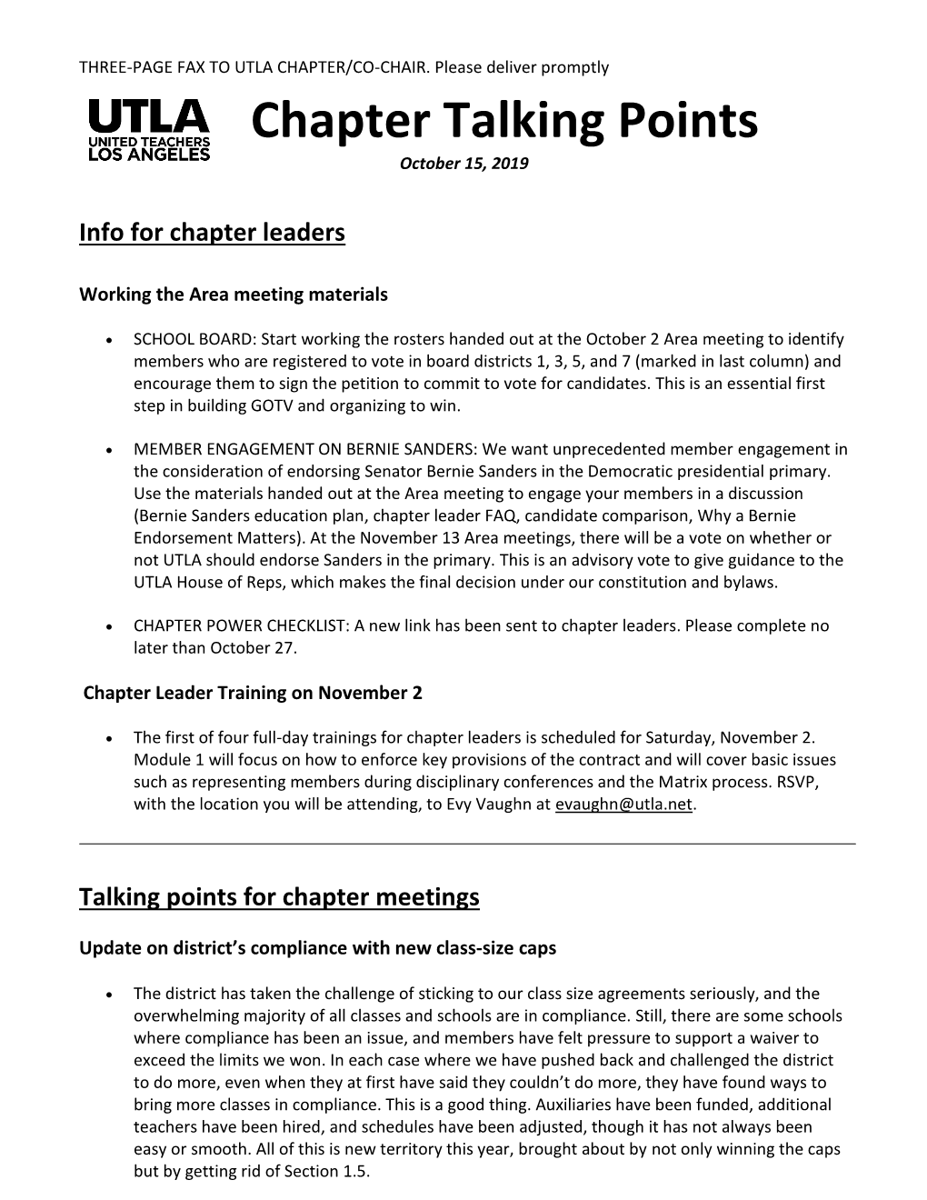 Chapter Talking Points October 15, 2019