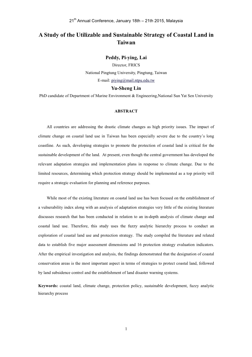 The Utilizable and Sustainable Strategy of Coastal Land in Taiwan