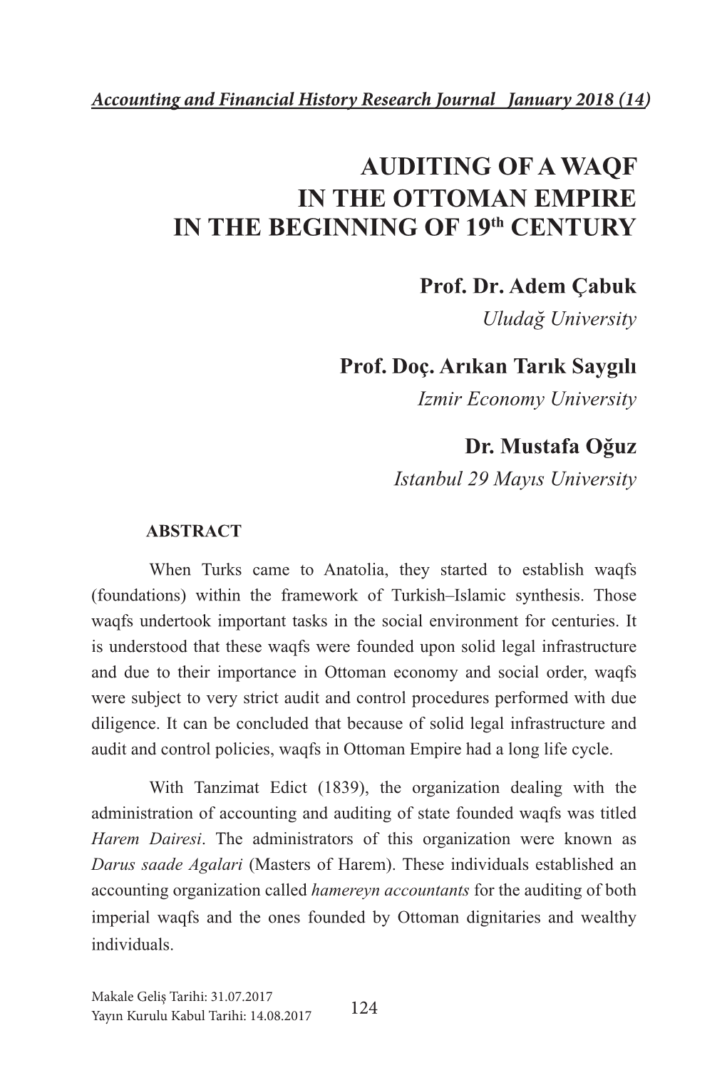 AUDITING of a WAQF in the OTTOMAN EMPIRE in the BEGINNING of 19Th CENTURY