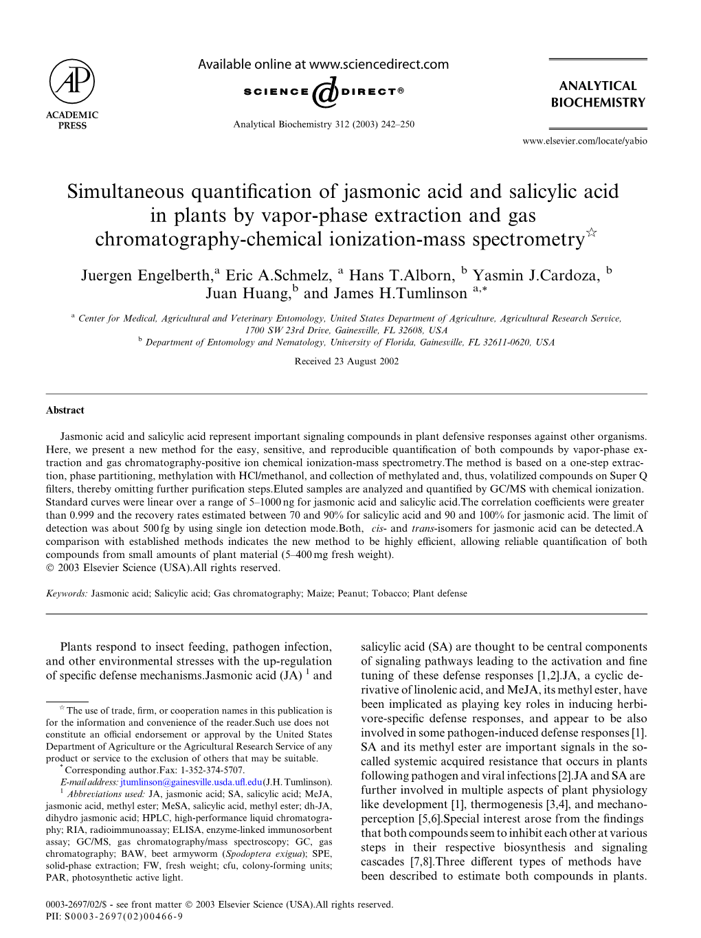 Simultaneous Quantification of Jasmonic Acid and Salicylic