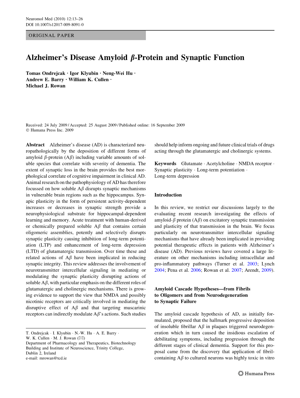 Alzheimer's Disease Amyloid B-Protein and Synaptic Function