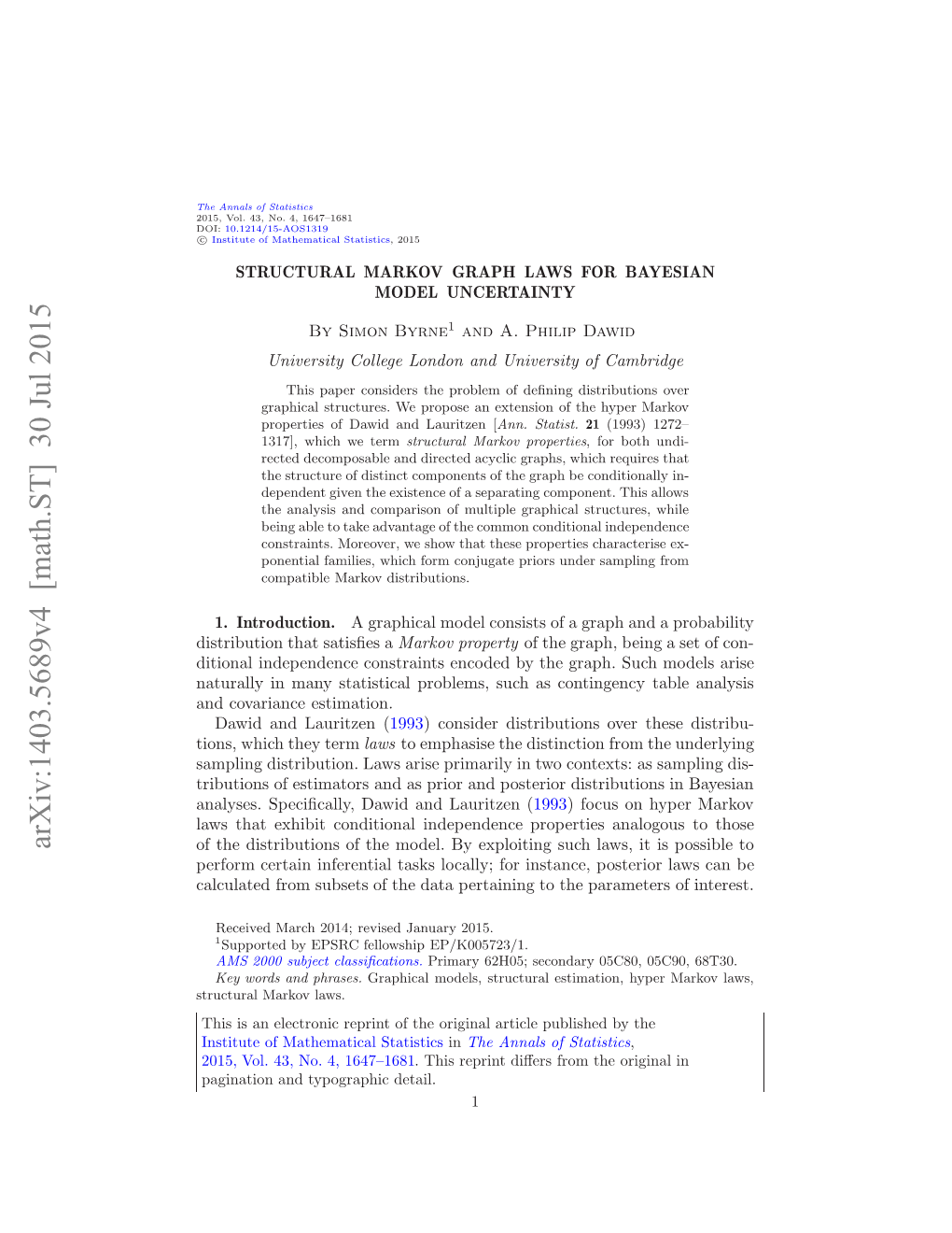 Structural Markov Graph Laws for Bayesian Model Uncertainty