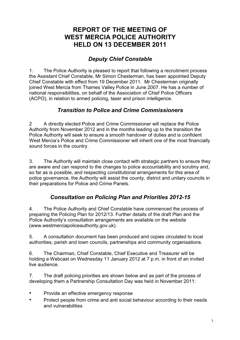 Report of the Meeting of West Mercia Police Authority Held on 13 December 2011