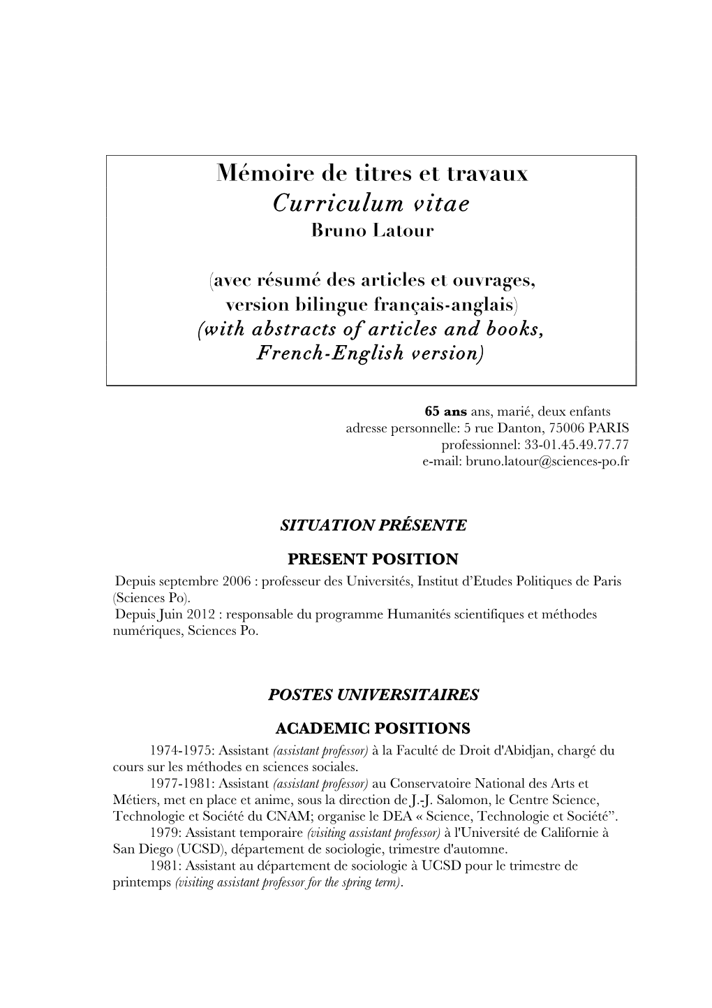 Mémoire De Titres Et Travaux Curriculum Vitae Bruno Latour