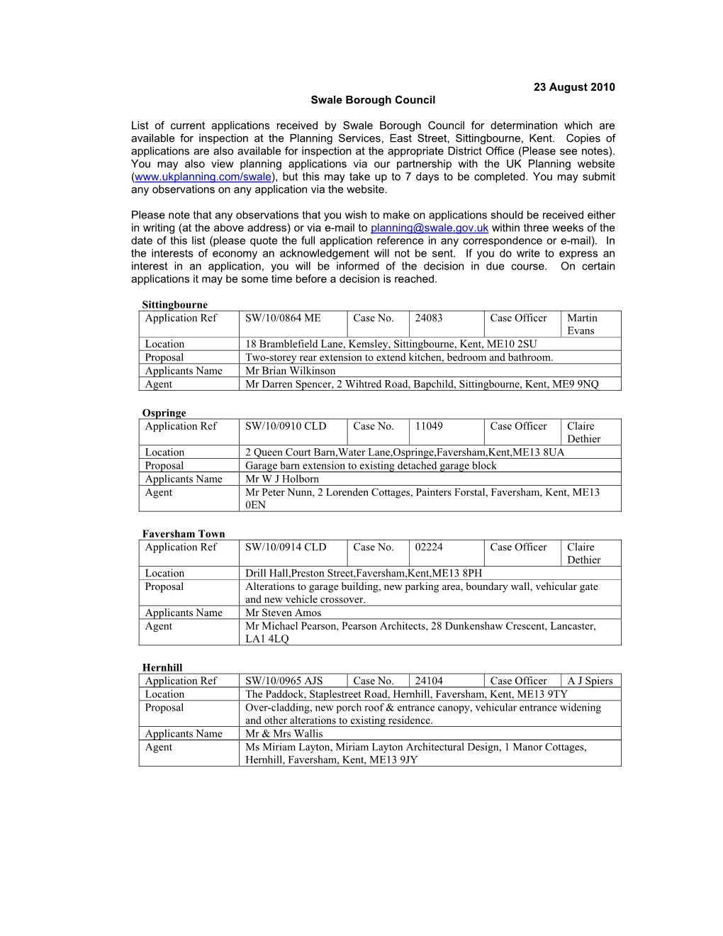 23 August 2010 Swale Borough Council List of Current Applications