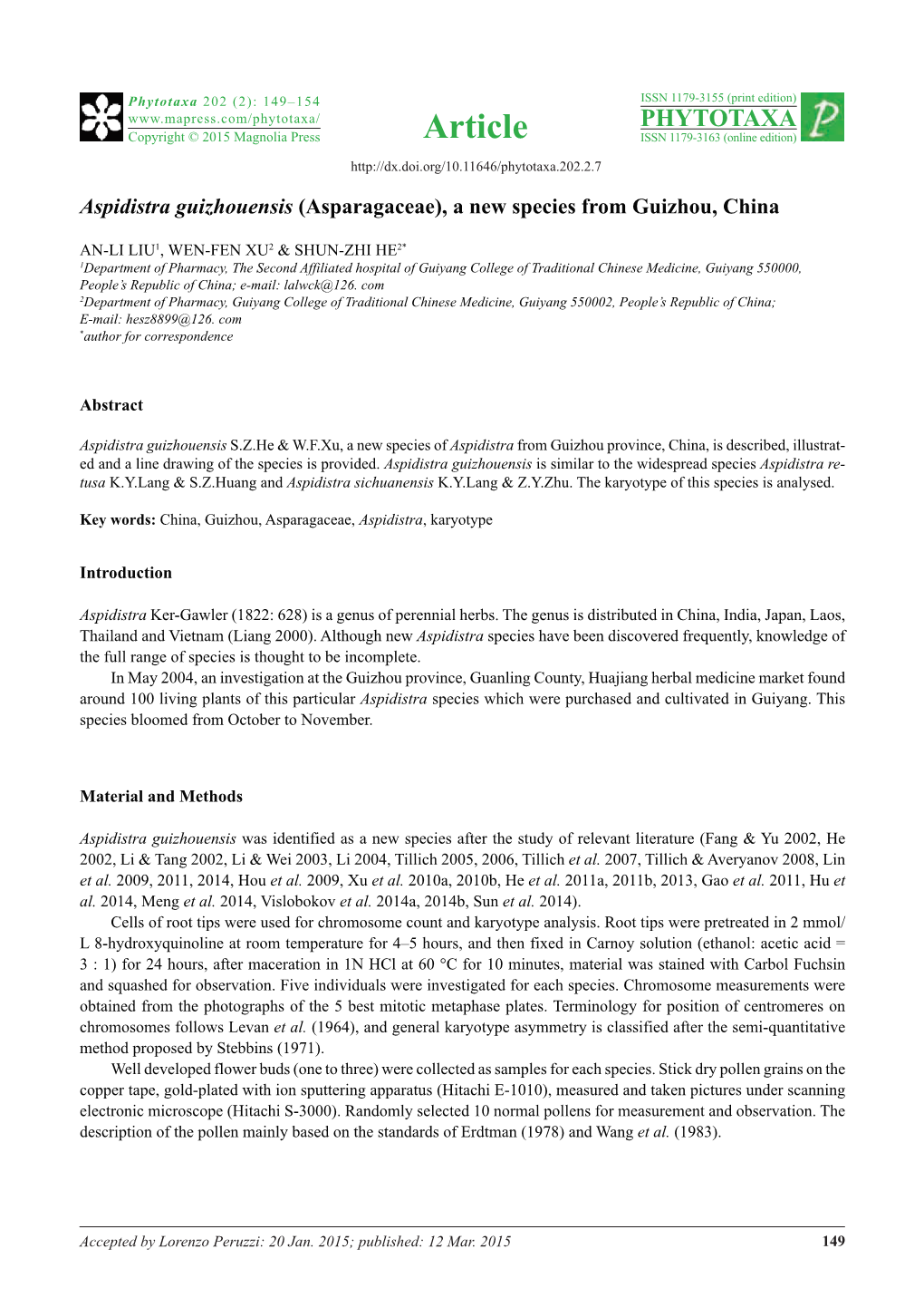 Aspidistra Guizhouensis (Asparagaceae), a New Species from Guizhou, China