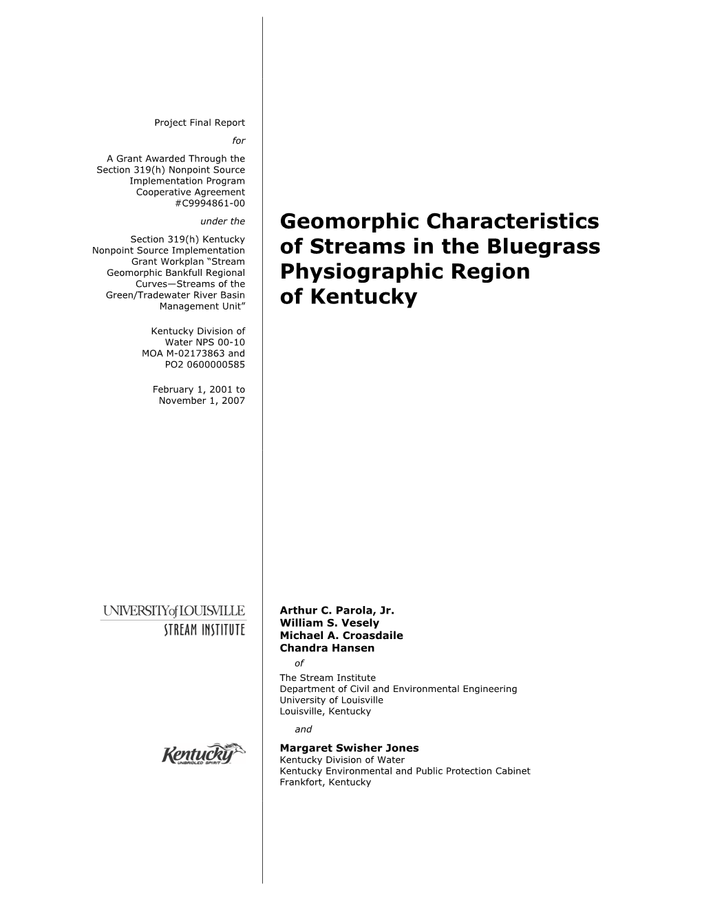 Geomorphic Characteristics of Streams in the Bluegrass Physiographic Region of Kentucky