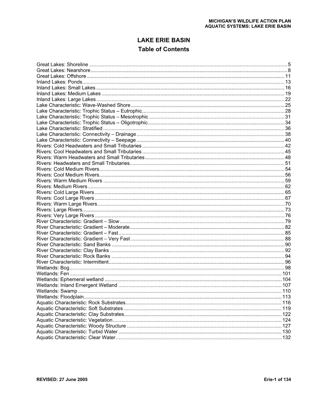 LAKE ERIE BASIN Table of Contents