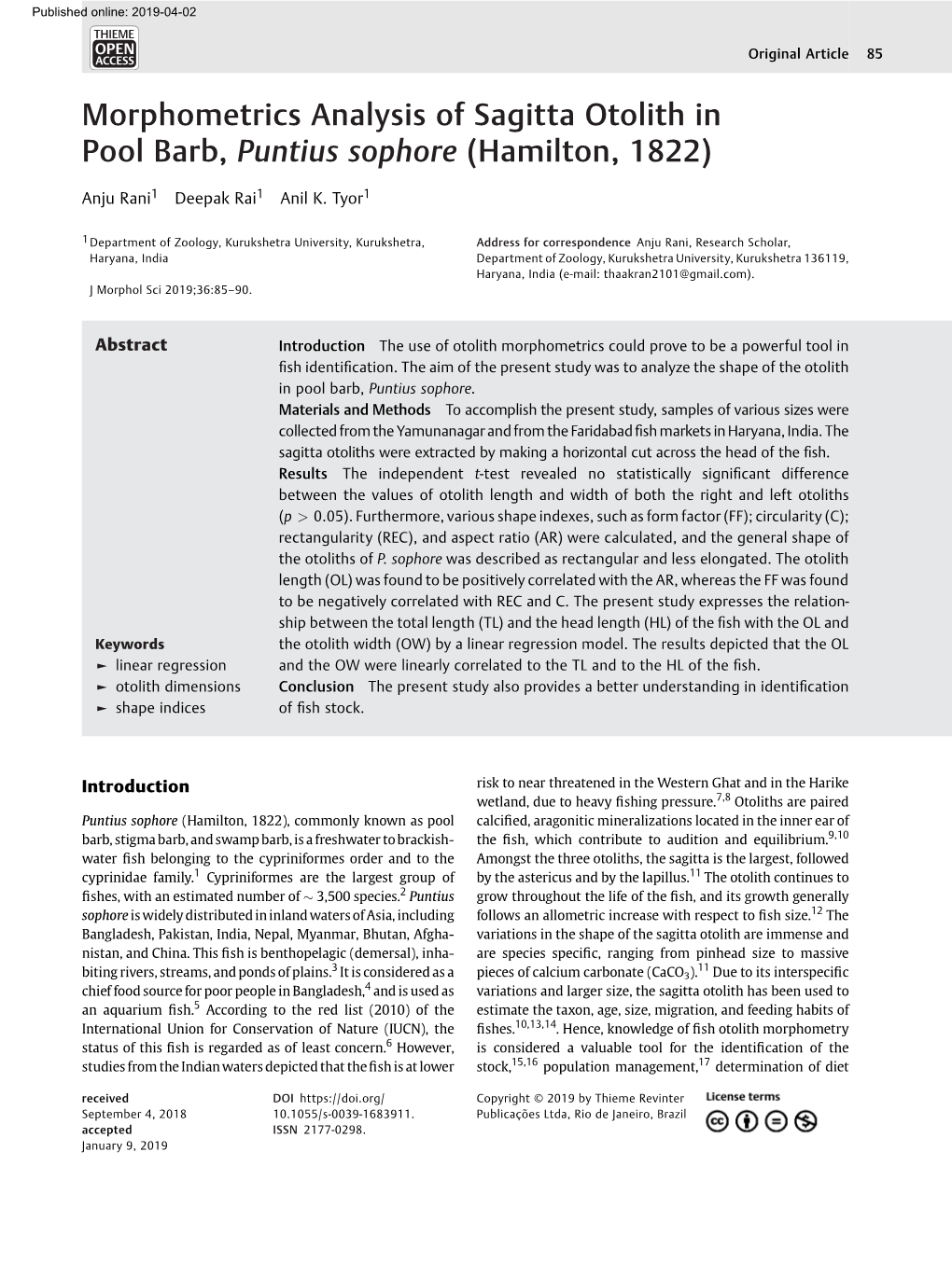 Morphometrics Analysis of Sagitta Otolith in Pool Barb, Puntius Sophore (Hamilton, 1822)