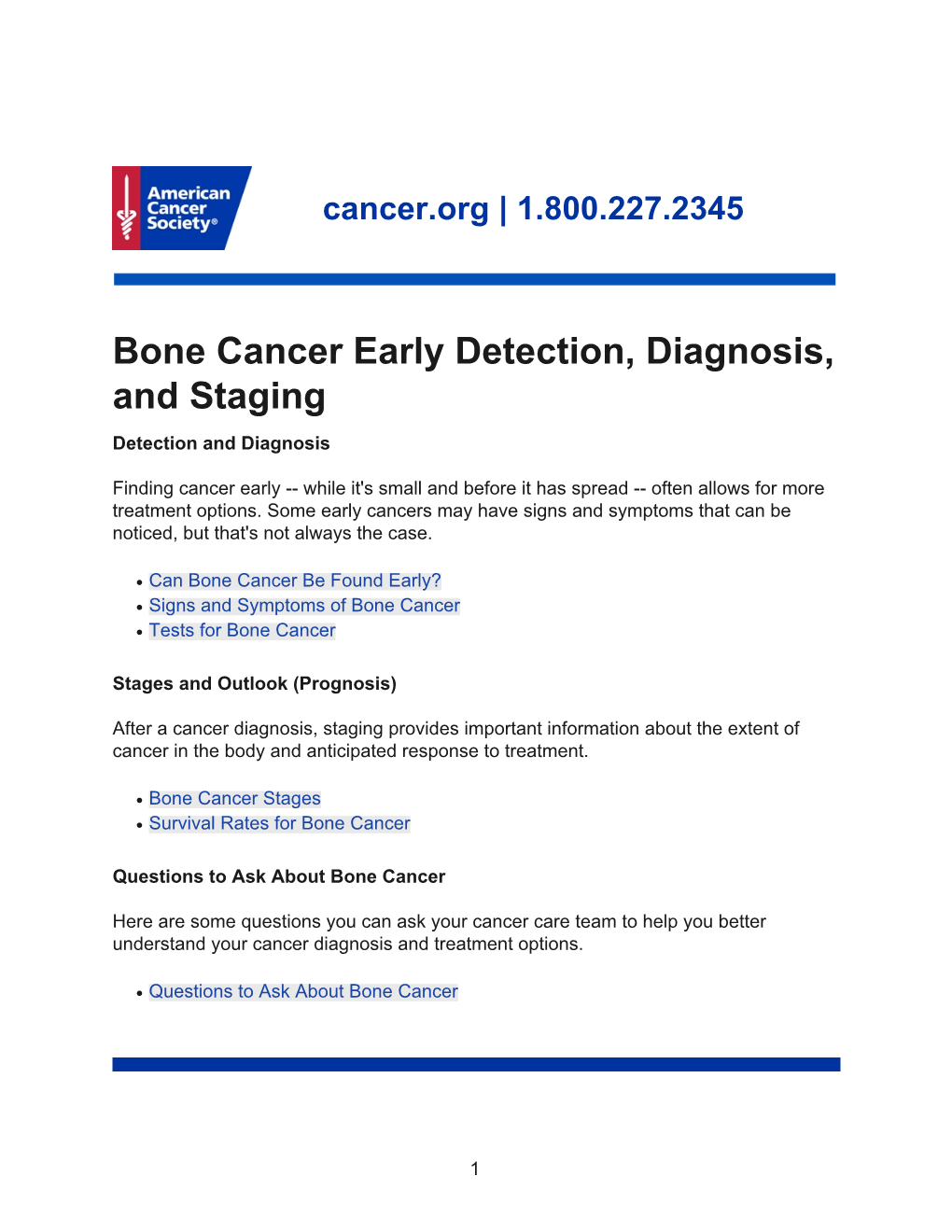 Bone Cancer Early Detection, Diagnosis, and Staging Detection and Diagnosis