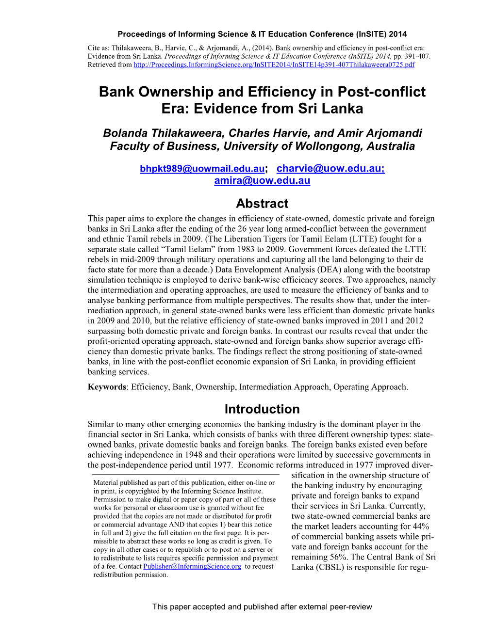 Bank Ownership and Efficiency in Post-Conflict Era: Evidence from Sri Lanka