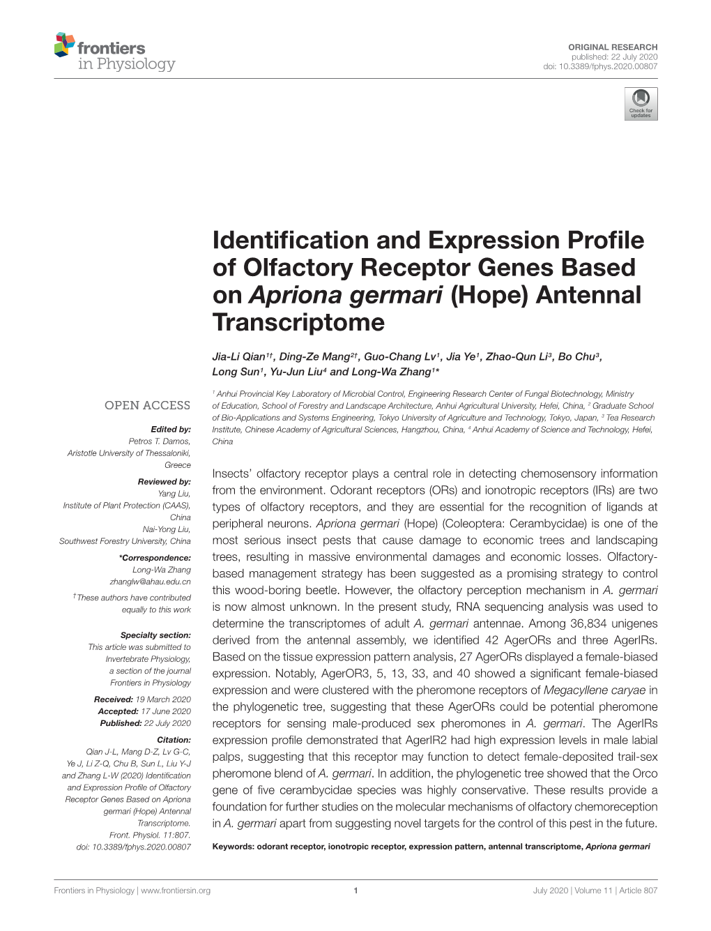 Identification and Expression Profile of Olfactory Receptor Genes Based on Apriona Germari