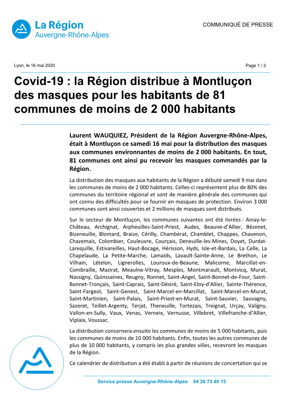 Covid-19 : La Région Distribue À Montluçon Des Masques Pour Les Habitants De 81 Communes De Moins De 2 000 Habitants