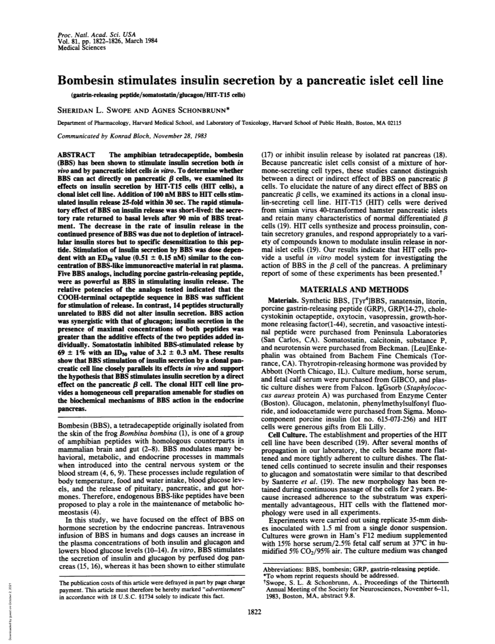 Bombesin Stimulates Insulin Secretion by a Pancreatic Islet Cell Line (Gastrin-Releasing Peptide/Somatostatin/Glucagon/HIT-T15 Cells) SHERIDAN L