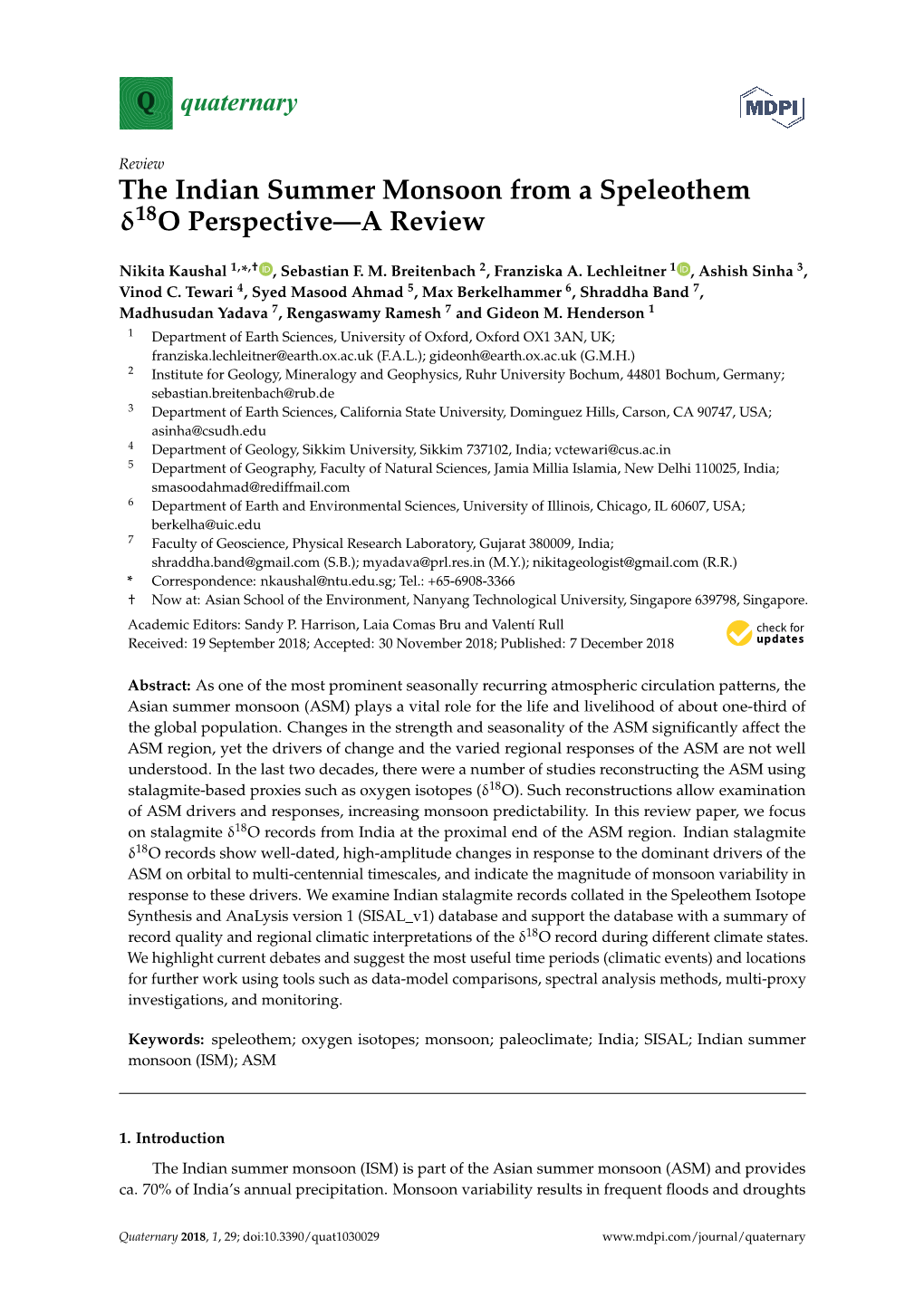 The Indian Summer Monsoon from a Speleothem Δ18o Perspective—A Review