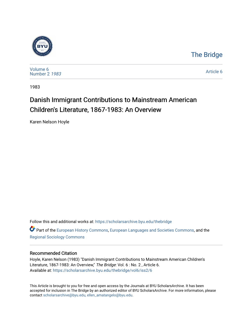 Danish Immigrant Contributions to Mainstream American Children's Literature, 1867-1983: an Overview
