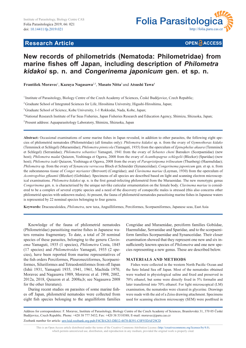 New Records of Philometrids (Nematoda: Philometridae) from Marine Fishes Off Japan, Including Description of Philometra Kidakoi Sp