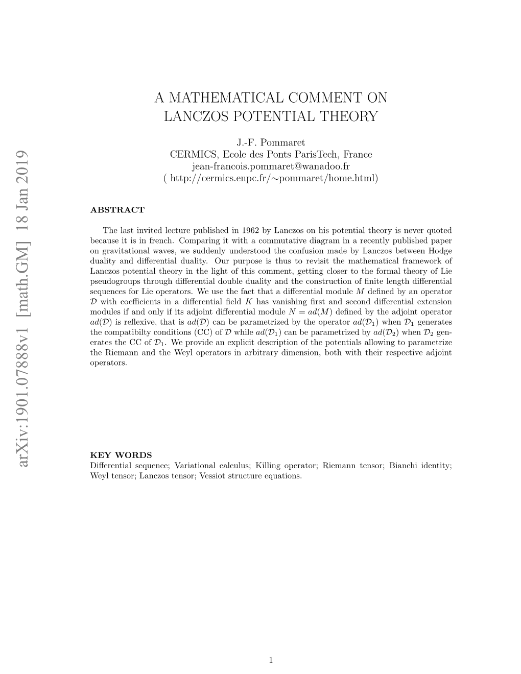 A Mathematical Comment on Lanczos Potential Theory