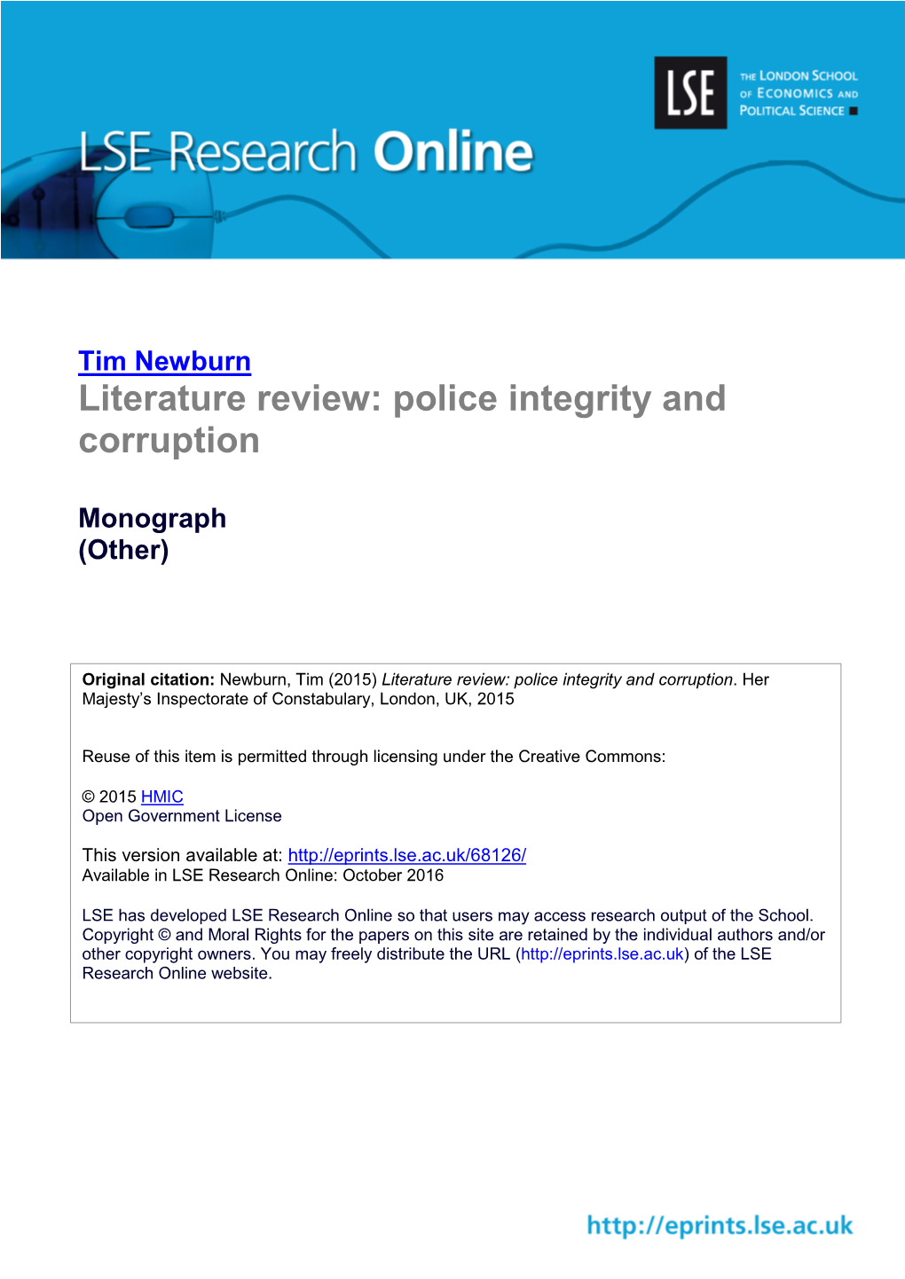 Literature Review: Police Integrity and Corruption