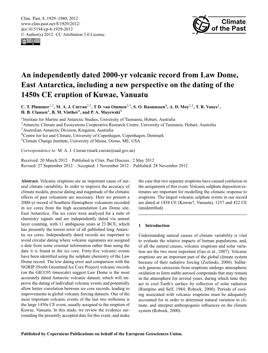 An Independently Dated 2000-Yr Volcanic Record from Law Dome, East Antarctica, Including a New Perspective on the Dating of the 1450S CE Eruption of Kuwae, Vanuatu