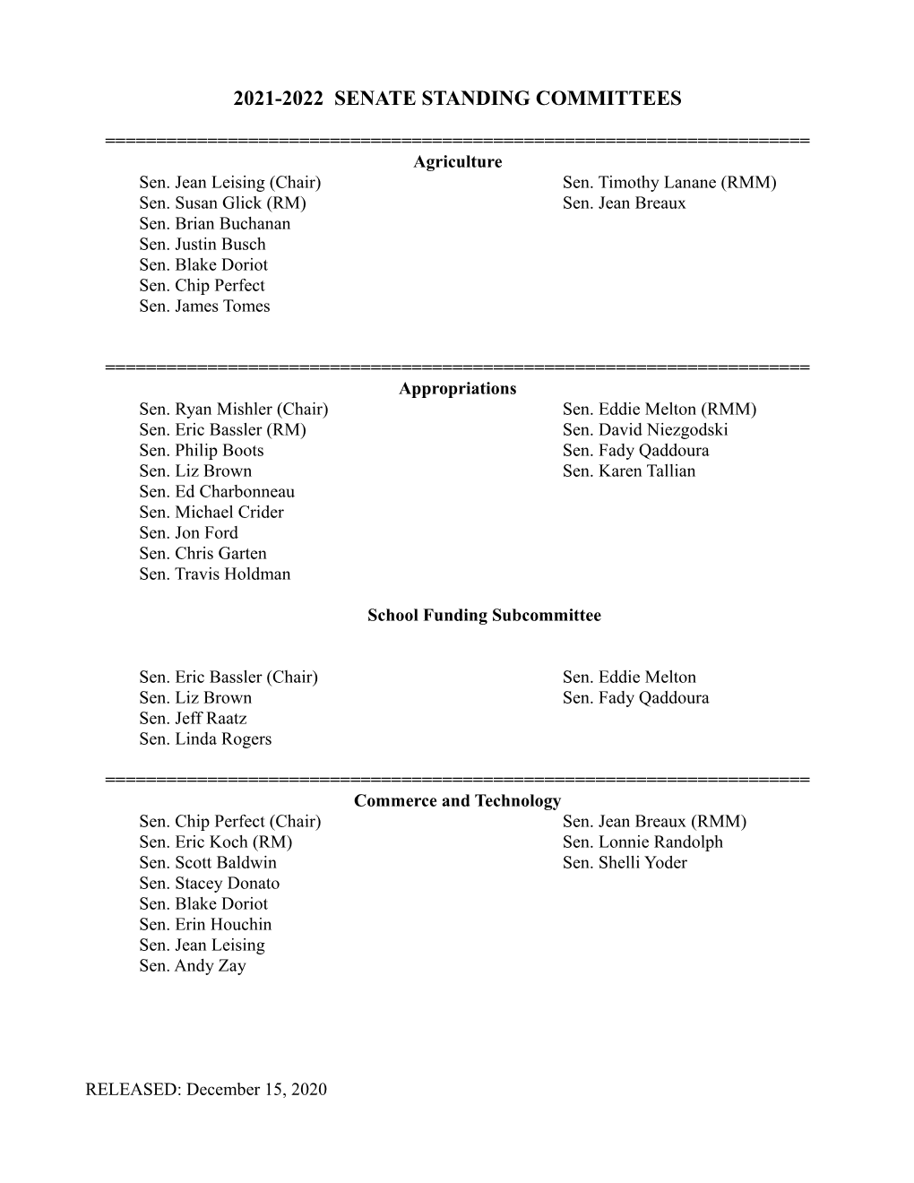 2021-2022 Senate Standing Committees