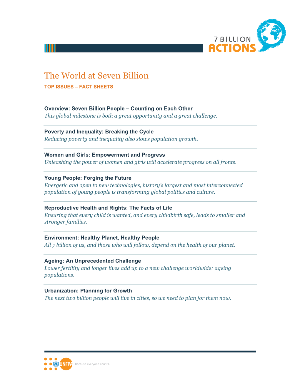 The World at Seven Billion TOP ISSUES – FACT SHEETS