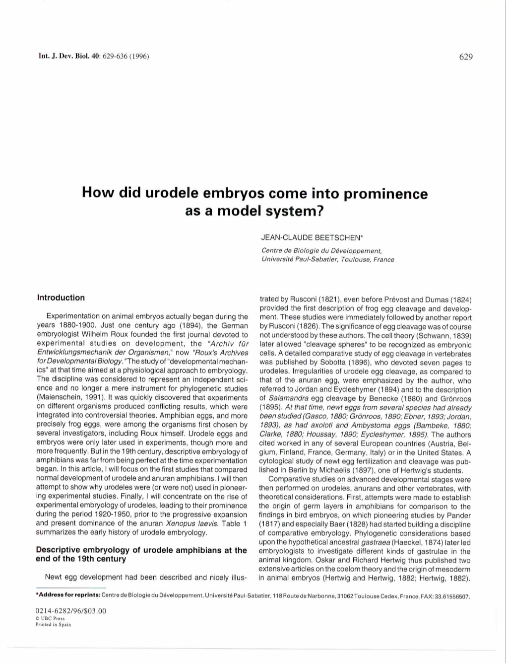 How Did Urodele Embryos Come Into Prominence As a Model System?