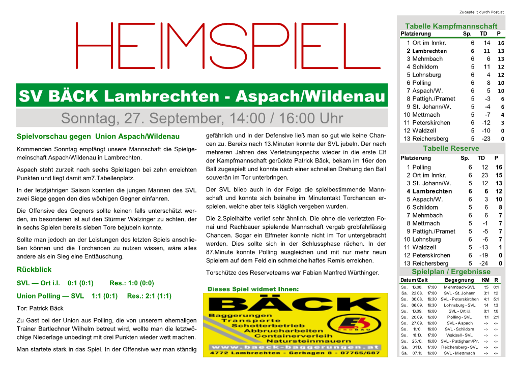 SV BÄCK Lambrechten - Aspach/Wildenau 8 Pattigh./Pramet 5 -3 6 9 St