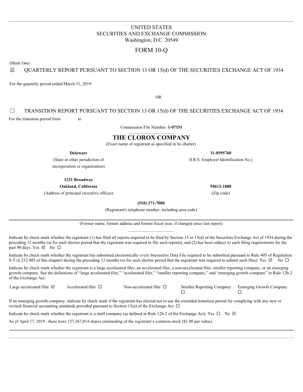 Form 10-Q the Clorox Company