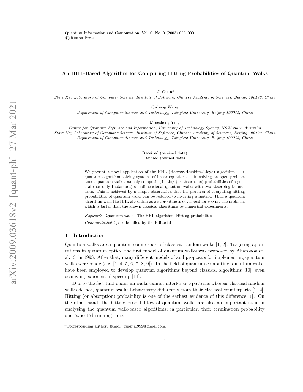 Arxiv:2009.03618V2 [Quant-Ph] 27 Mar 2021