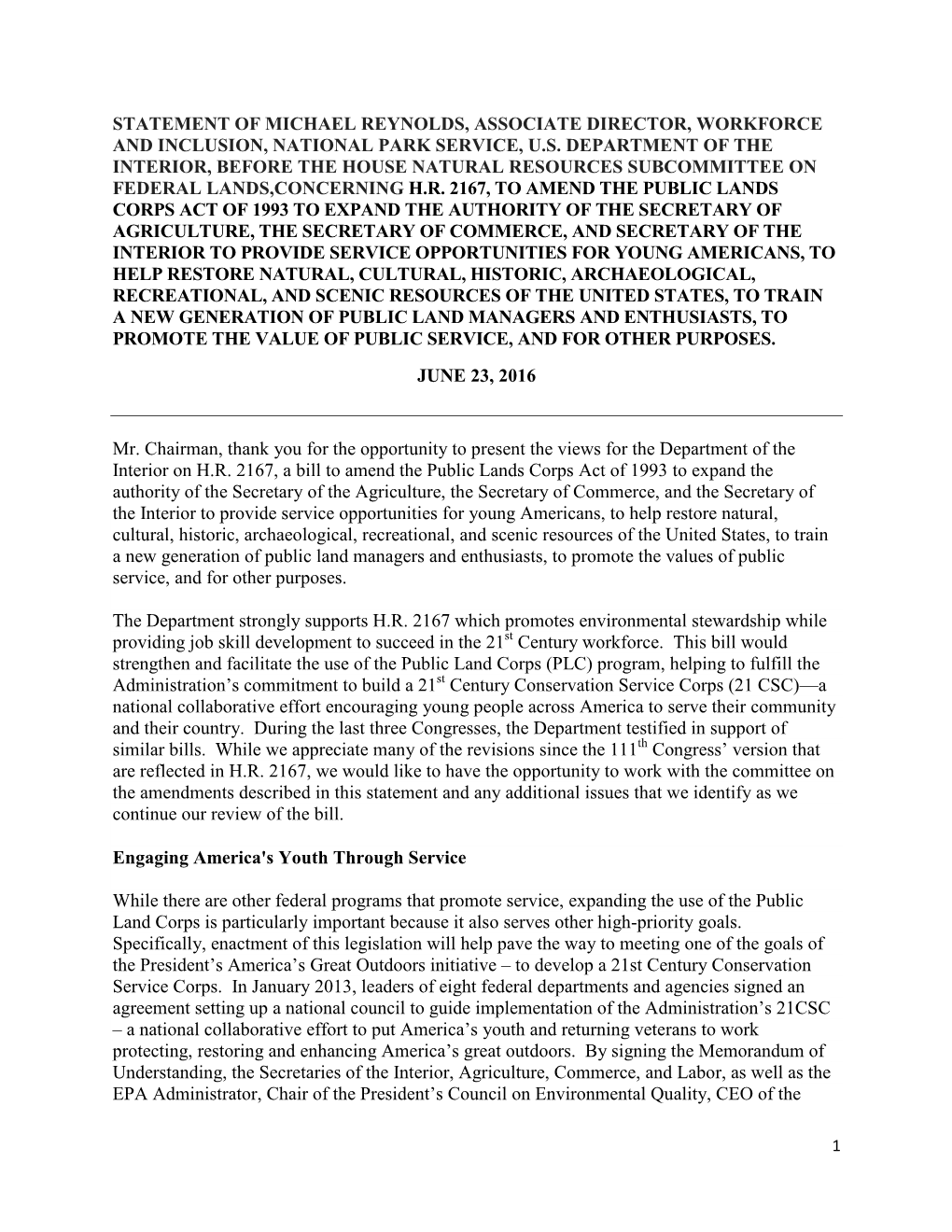 Statement of Michael Reynolds, Associate Director, Workforce and Inclusion, National Park Service, U.S