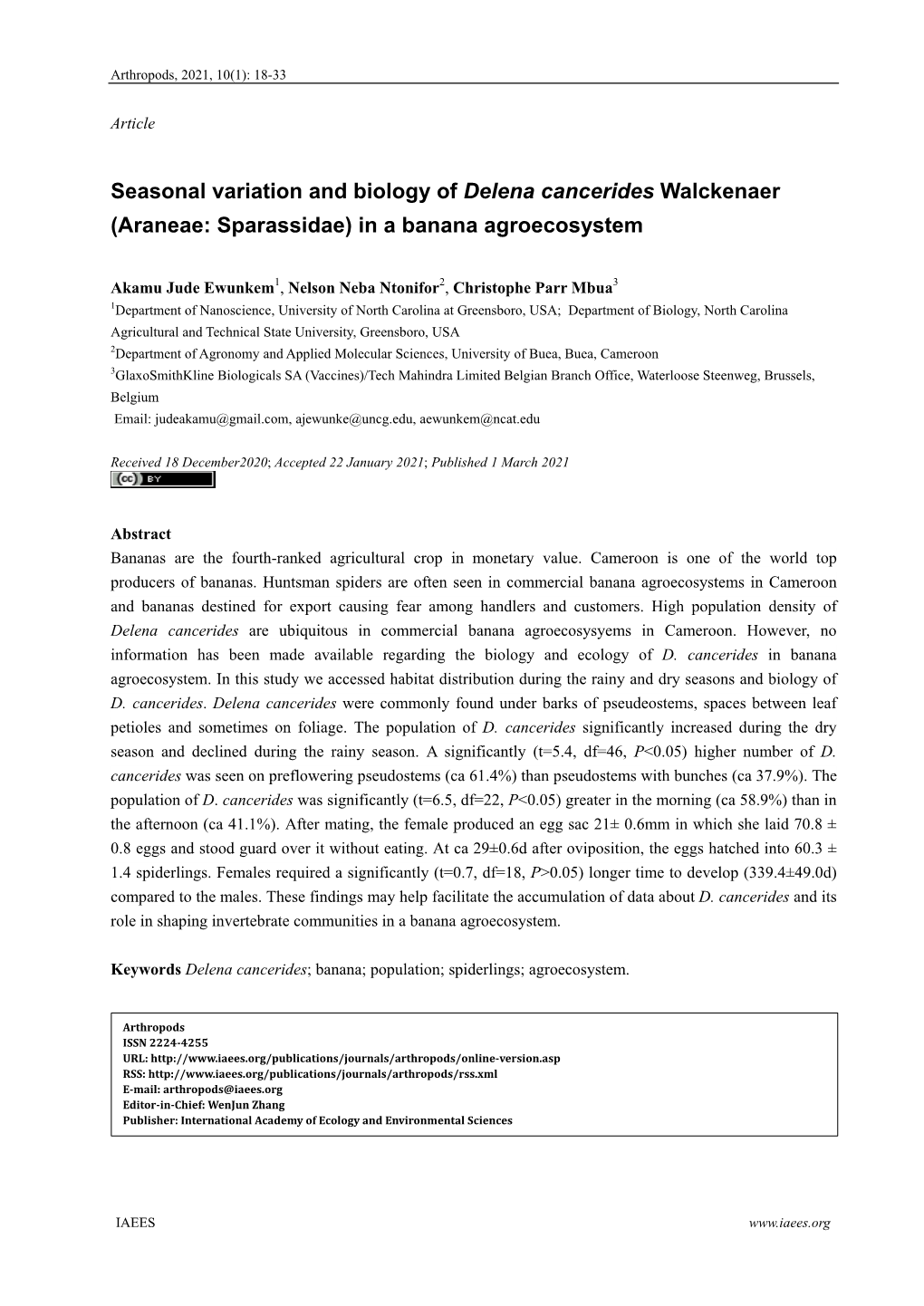 Seasonal Variation and Biology of Delena Cancerides Walckenaer (Araneae: Sparassidae) in a Banana Agroecosystem