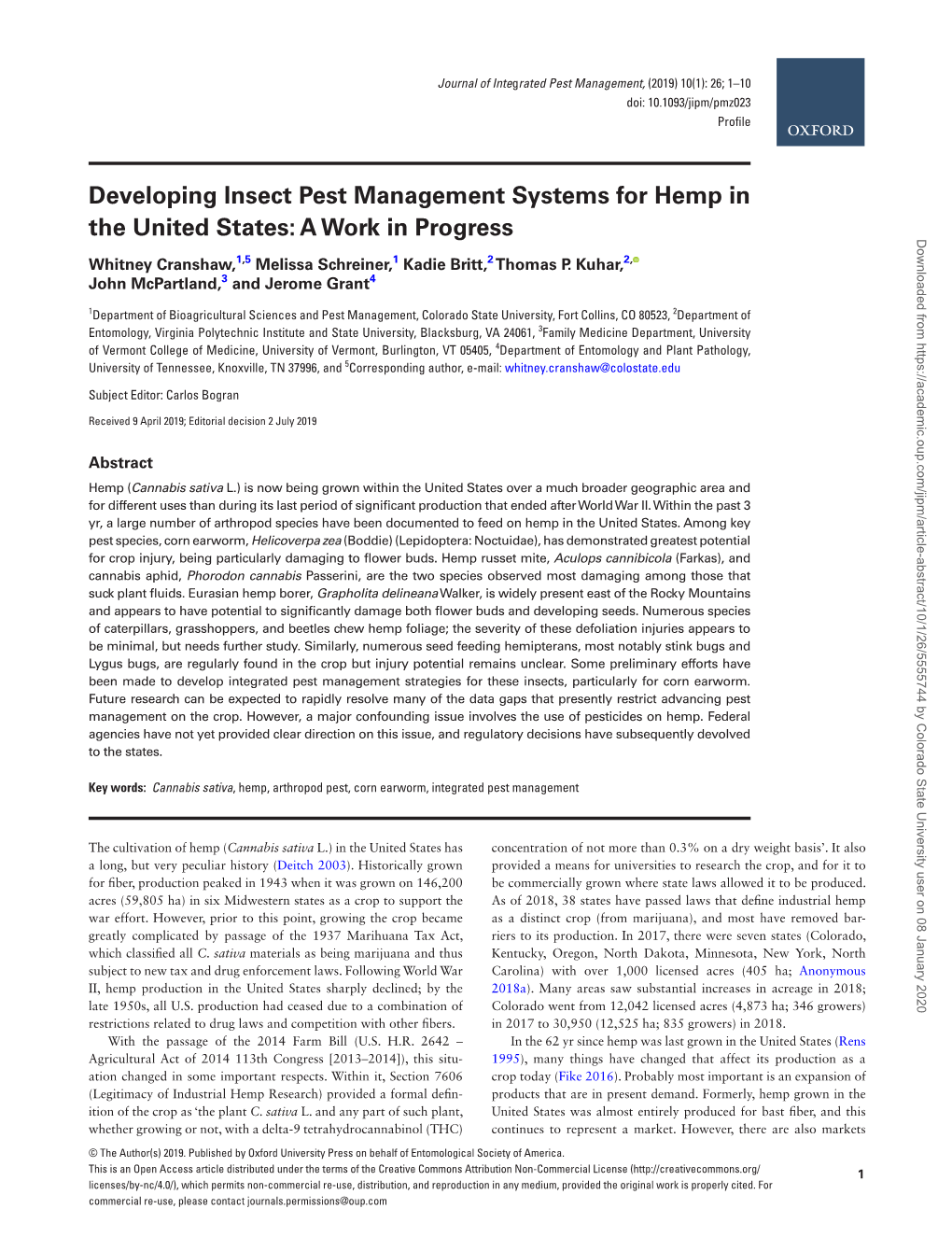 Developing Insect Pest Management Systems for Hemp in the United States