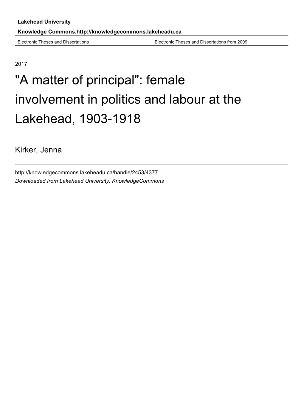 Female Involvement in Politics and Labour at the Lakehead, 1903-1918