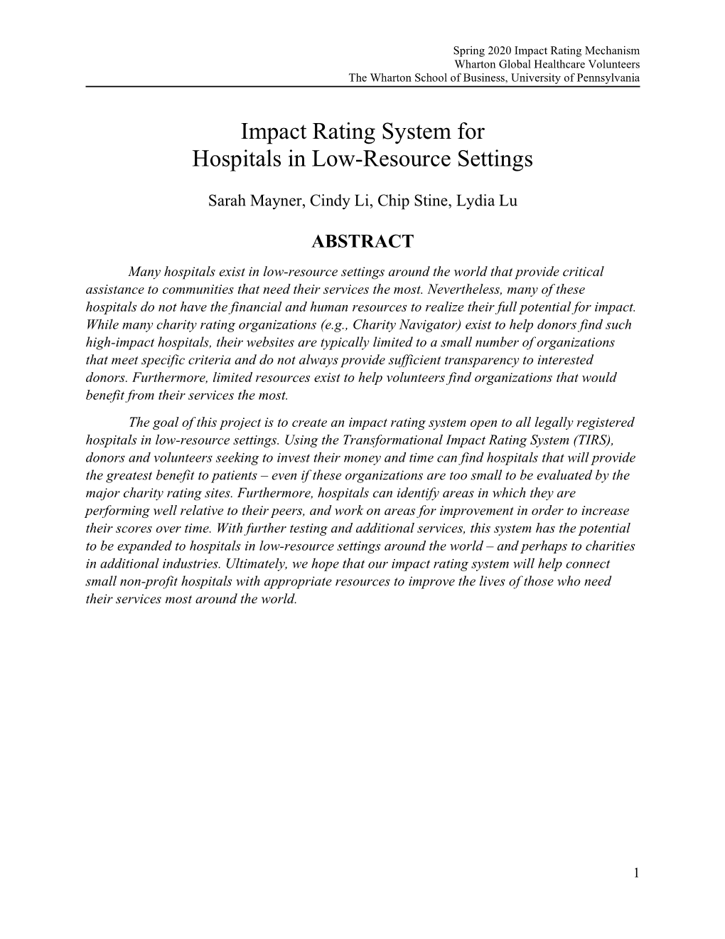 Impact Rating System for Hospitals in Low-Resource Settings